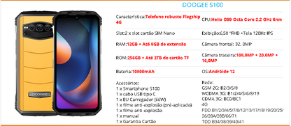 DOOGEE S100 Android 12 Armazenamento 256GB Memória RAM 12GB