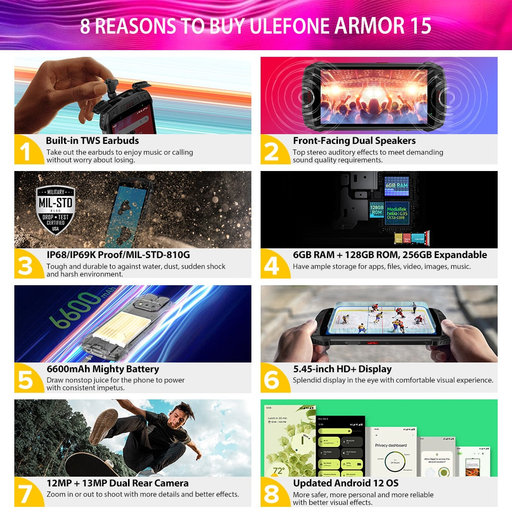 Ulefone Armor 15 Android 12 6600mAh 128GB NFC 2.4G/5G WLAN + Brinde